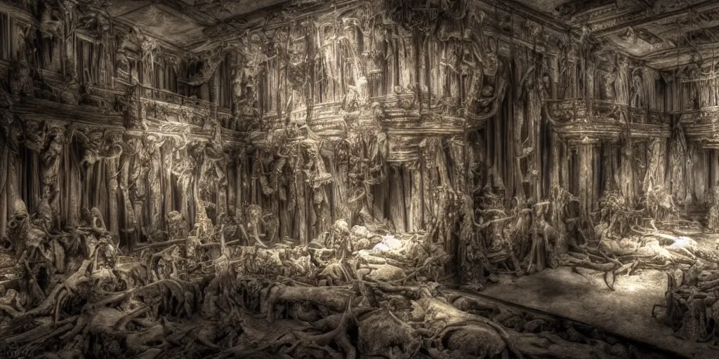 Image similar to a big room in a museum of skeletons, photorealistic, highly detailed, texture, gustave dore, 3 d sculpture, soft light, dramatic, moody, scary, ambient, hall,