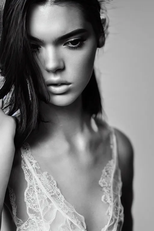 Image similar to emotionnal shot. fragile shy woman looking like Kendall Jenner with sheer dress with plunging neckline and lace sleeves. award-winning fashion photography. intimate and vulnerable lighting. 130mm bw fashion photography .