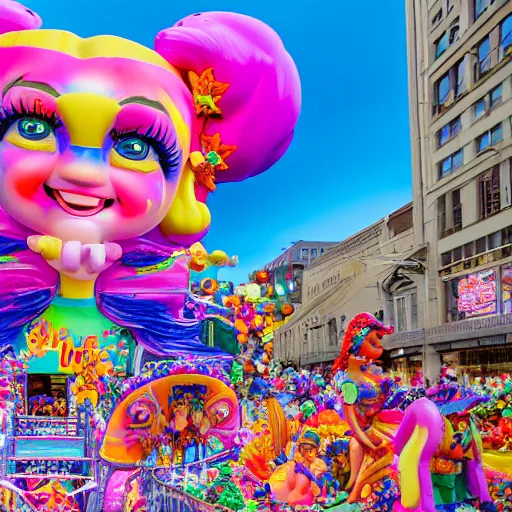 Prompt: photo of giant lisa frank bosch style parade float in the macys thanksgiving parade, detailed 4 k photo