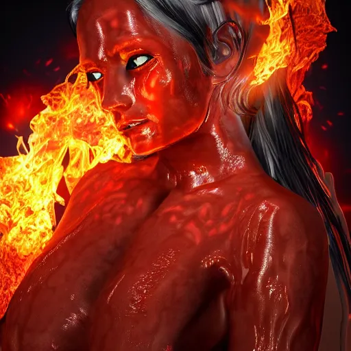 Prompt: a photo of a demon goddess bathing in flames, human skin melting of to reveal demon skin, 8k hyper detailed