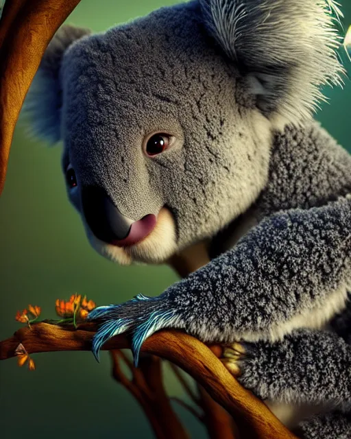 Image similar to movie still macro close photo of koala selling nft, by weta disney pixar greg rutkowski wlop ilya kuvshinov rossdraws artgerm octane render iridescent, bright morning, liosh, mucha