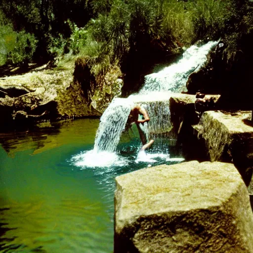 Image similar to the legend of big sir large smooth monster bathing in a small pond with a waterfall, big sur, film still