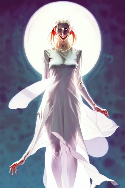 Image similar to artgerm, joshua middleton comic cover art, pretty ghost sarah michelle gellar entire full body, floating, creepy smile, white dress, friendly, translucent skin, symmetrical eyes, symmetrical face, middle shot, long white hair, inside haunted house