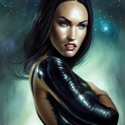 Image similar to portrait of megan fox wearing a tight black latex dress with galaxy lights and stars, sultry muscular body, fantasy, intricate, elegant, highly detailed, digital painting, artstation, concept art, matte, sharp focus, perfect face symmetry, illustration, art by aenaluck and roberto ferri and greg rutkowski, epic fantasy, digital painting