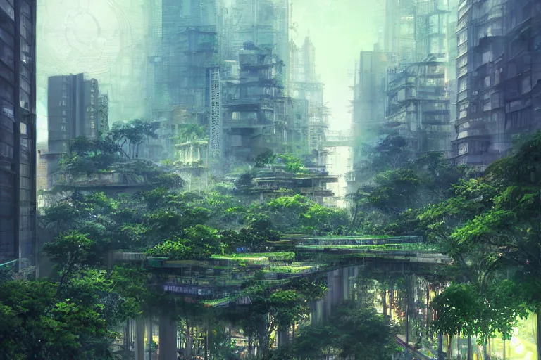 Image similar to futuristic city, lush vegetation, humid, early evening, diagonal view, geometric buildings, cloudy, beautiful, dull pastel colors, realistic, foggy, dreamy, nostalgic, bright, trending on artstation by yoshitaka amano and makoto shinkai, studio ghibli style