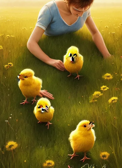 Image similar to a hen and her two cute small yellow chicks on a meadow, mama movie poster by nuri iyem, james gurney, james jean, greg rutkowski, anato finnstark. pixar. hyper detailed, 5 0 mm, award winning photography, perfect faces