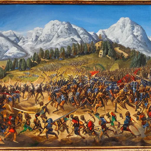 Image similar to wideshot of a medieval battle in front of a beautiful blue mountainscape, painting