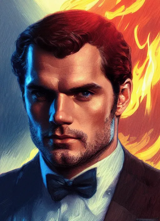 Image similar to portrait of henry cavill as james bond, fire, cold color pallet, key art, palm trees, aston martin, highly detailed, digital painting, artstation, concept art, cinematic lighting, sharp focus, illustration, by gaston bussiere alphonse mucha