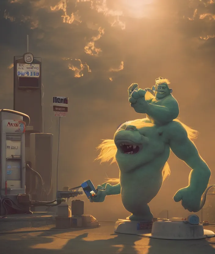 Image similar to a troll, drinking gas from a gas station pump. fuel everywhere. a troll, ogre, gargoyle drinking from a fuel pump. high quality sharp focus, beautiful volumetric light. photograph by tooth wu, wlop, beeple, dan mumfor, octane render, artstation