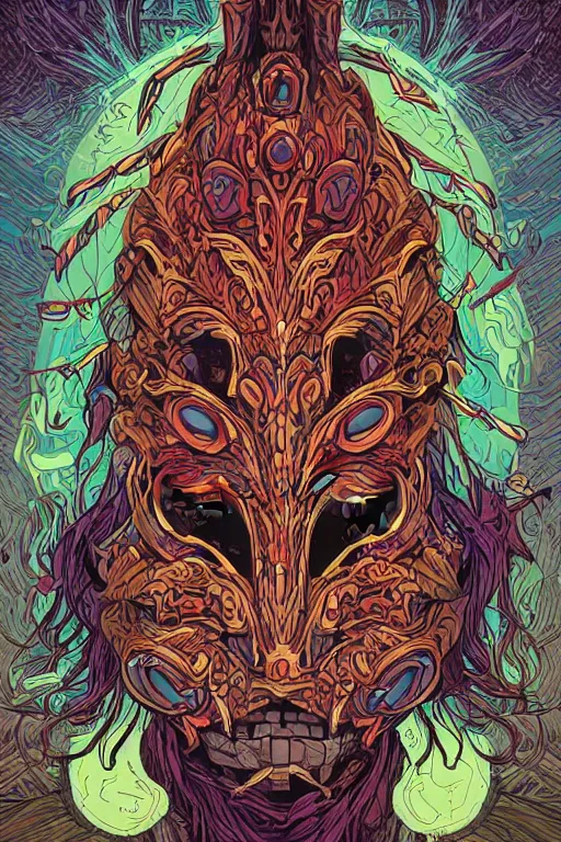 Image similar to animal mask totem roots tribal feather gemstone plant wood rock shaman vodoo video game vector illustration vivid multicolor borderlands comics by josan gonzales and dan mumford radiating a glowing aura