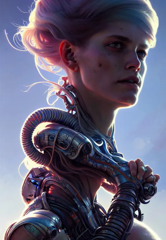 Image similar to portrait painting of a futuristic rugged female rebel, alien world, colonisation, ultra realistic, concept art, intricate details, eerie, highly detailed, photorealistic, octane render, 8 k, unreal engine. art by artgerm and greg rutkowski and alphonse mucha