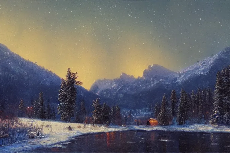 Prompt: mountains, trees, beautiful nature, winter, night, norhtern lights, stars, very detailed, focused, cinematic lighting, oil painting, colorful, canvas, artstation, Sydney Mortimer Laurence, Albert Bierstadt