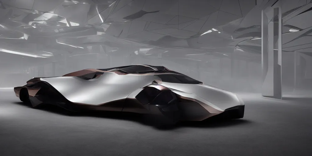 Image similar to a design of a futuristic vehicle, designed by Polestar, blade runner background, brushed rose gold car paint, black windows, dark show room, dramatic lighting, hyper realistic render, depth of field