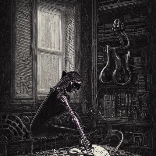 Image similar to skeleton wearing headphones, watching girl playing guitar while her black cat standing next to her, detailed intricate ink illustration, dark atmosphere, detailed illustration, hd, 4k, digital art, overdetailed art, by greg rutkowski, by loish, complementing colors, Trending on artstation