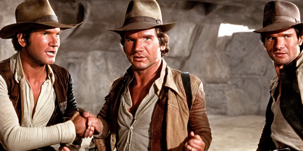 Image similar to han solo and indiana jones meeting for the first time