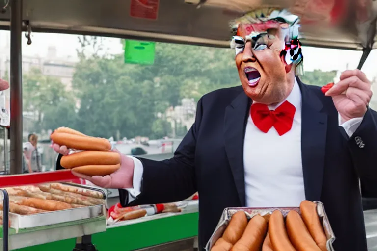 Prompt: a Film still of Donald trump selling hotdogs in the new joker movie, 4k