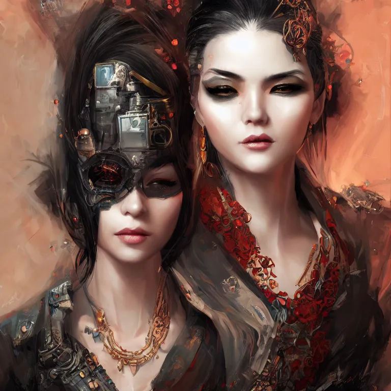 Prompt: oriental fantasy fashion girl portrait, flirtatious eyes, grin, cyberpunk, glossy eyes, face, short hair, fantasy, intricate, androgynous, highly detailed, digital painting, artstation, concept art, smooth, sharp focus, illustration