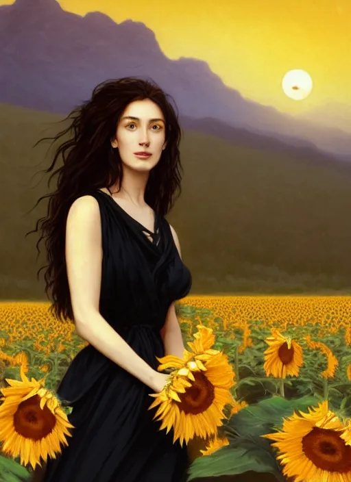 Prompt: oil painting portrait of a young woman with long dark flowing hair in a black dress, standing in a windy field of sunflowers at sunset with mountains in the background, hazy, digital art, chiaroscuro, artstation, cinematic, golden hour, digital art painting by greg rutkowski, bouguereau, 7 0 s japanese book art, hazy atmosphere, flowers, cinematic lighting