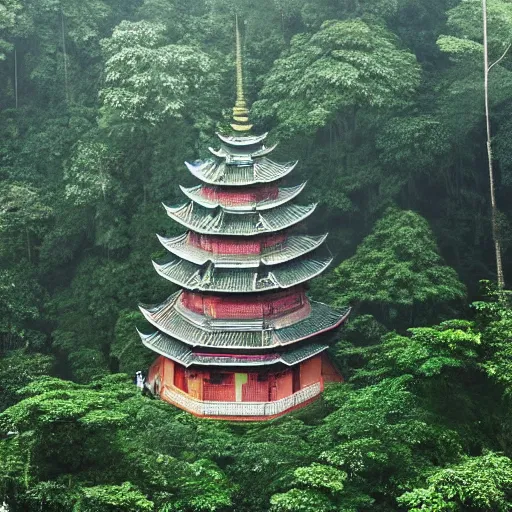 Image similar to abellanewsfoundation. org a full length portrait of a giant autonomous pagoda in a misty rainforest, surrounded by lush ferns and fir trees. surrounded by mountains and clouds and mist. featured on