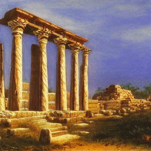 Image similar to glowing Sumerian temple in a Mediterranean landscape, bob Ross, Alan Lee, 8k photo, award winning photo