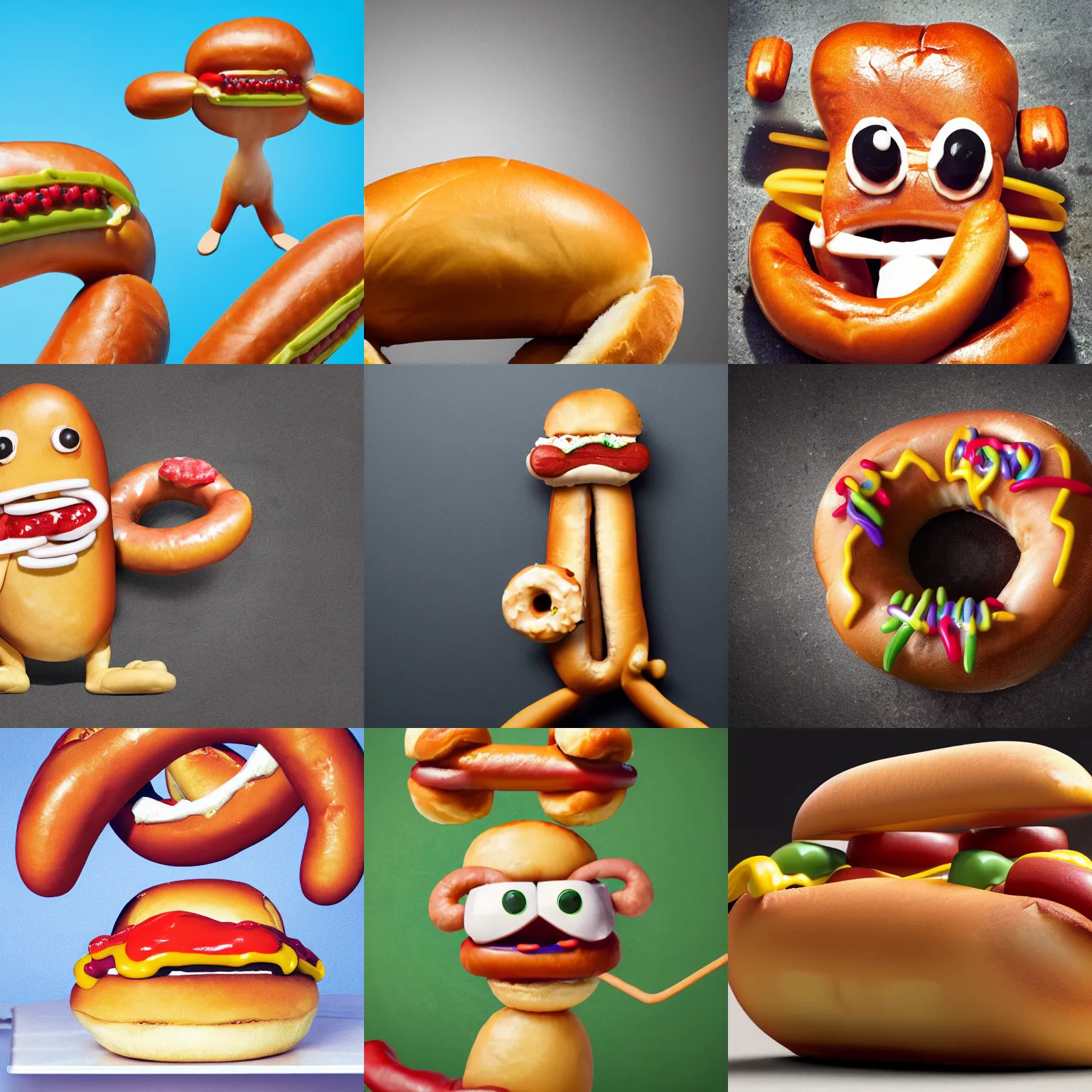 Prompt: realistic hot dog with arms and legs attacking a donut, photorealistic, high resolution, intense