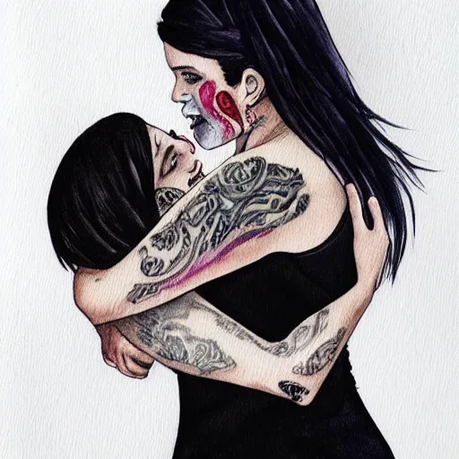 Image similar to Hot young woman, grey skin, void eyeballs, tattoos, wearing a leather jacket, hugging a shrouded person as they cry on her chest, comforting, touching, wholesome, art, watercolour, big sister, little brother, 8k