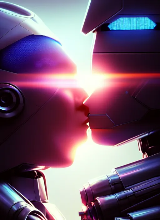 Prompt: ultra realistic close - up of a 3 d render beautiful couple of robots kissing, cyberpunk, sci - fi, fantasy, kodak, flare, octane render, colour led, soft light, volumetric lighting, night, intricate, highly detailed, digital painting, concept art, smooth, sharp focus, illustration, art by artgerm and greg rutkowski and alphonse mucha