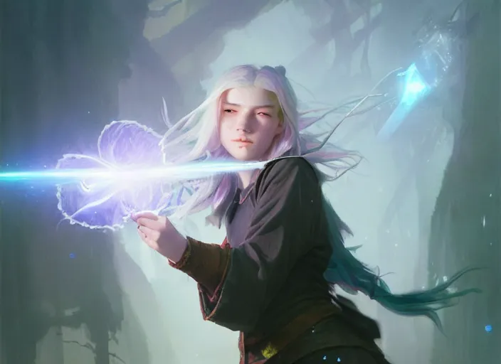 Prompt: rugged female college student witch, light iridescent hair color, magic school uniform, casting spells, fantasy, intricate, sharp focus, lens flare, bloom, illustration, highly detailed, digital painting, concept art, matte, art by ruan jia and wlop and greg rutkowski, masterpiece