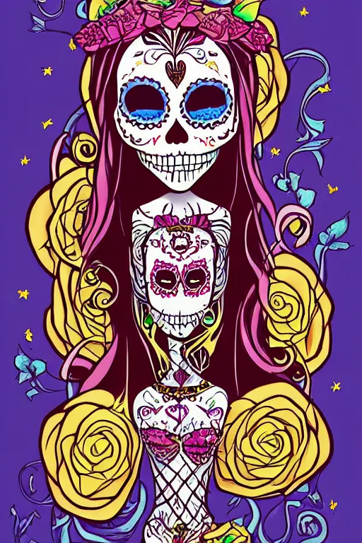 Image similar to Illustration of a sugar skull day of the dead girl, art by Don Bluth