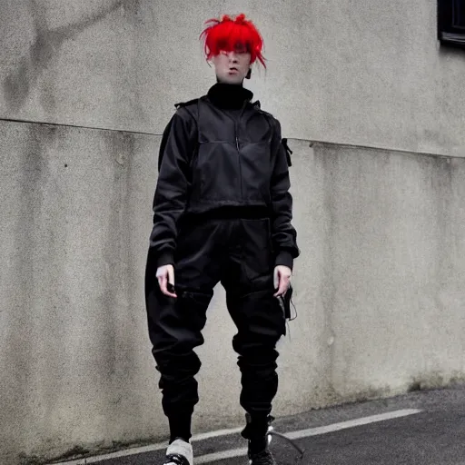 Image similar to beautiful red haired woman in techwear, warcore look and clothes, ACG, ACRNYM, Rick Owens, trending on r/streetwear, outfit photo