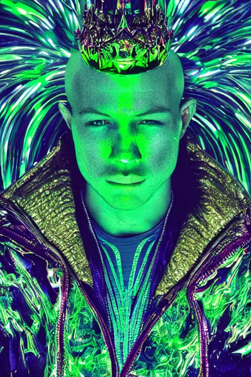 Prompt: hyper detailed ultra sharp portrait of baroque and bladerunner delicate neon emerald sculpture of seductive muscular nick jonas lion green radioactive humanoid deity wearing metallic jungle hoody made out of leaves holding the sun prismatic dungeon, glowing rainbow face, crown of white diamonds, cinematic lighting, photorealistic, octane render 8 k depth of field 3 d