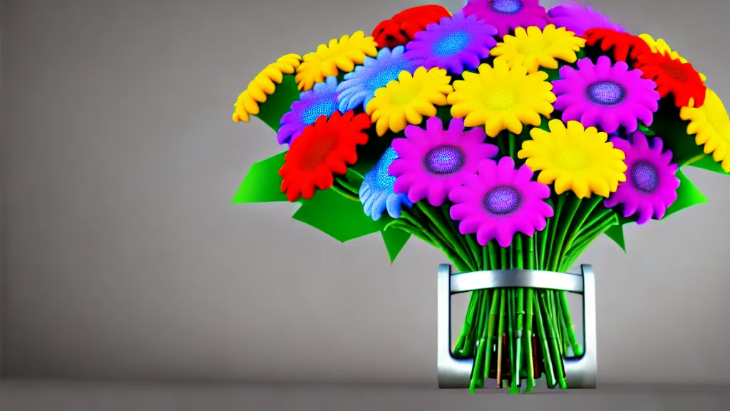 Prompt: bouquet of flowers on a mechanical surface y2k xeroxed image octane render sharpening