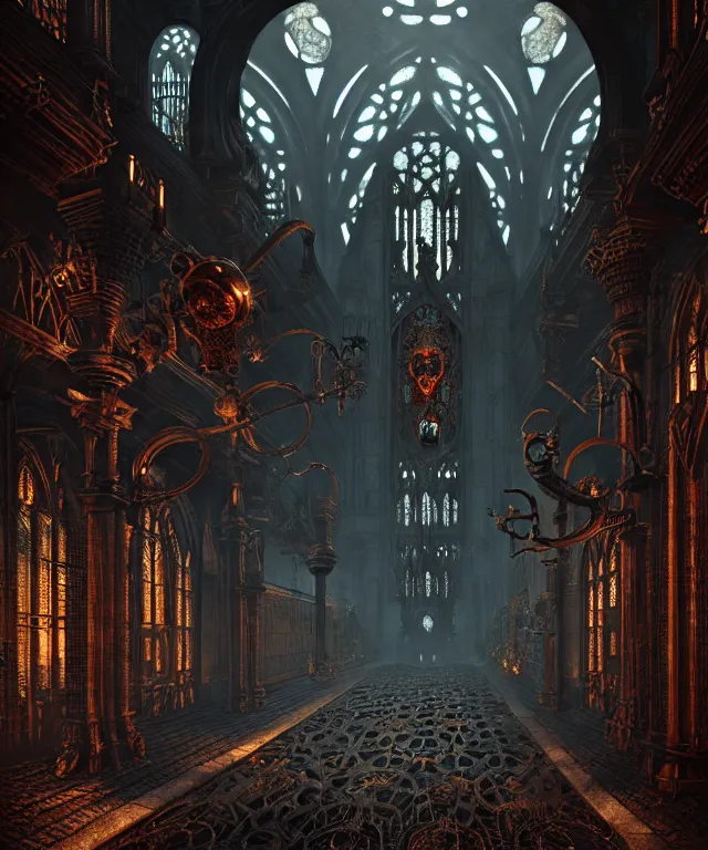 Image similar to steam necropolis, memento mori, gothic, neo - gothic, art nouveau, hyperdetailed copper patina medieval icon, stefan morrell, philippe druillet, ralph mcquarrie, concept art, steampunk, unreal engine, detailed intricate environment, octane render, moody atmospherics, volumetric lighting, ultrasharp, ominous, otherworldly