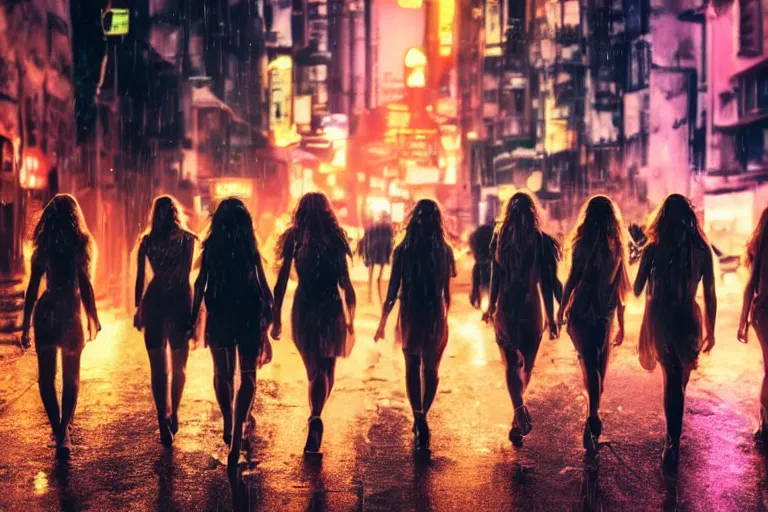 Prompt: a cinematic photograph of a group of angels walk through a dystopian city street whilst neon lightening strikes on the pavement, rain falls, ultra realistic, high definition