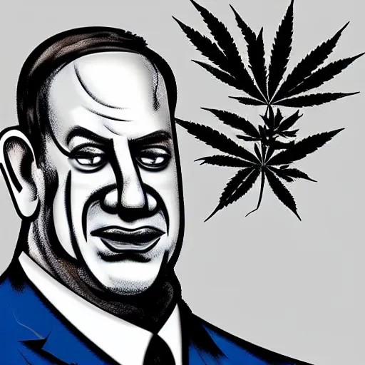 Image similar to a caricature of Benjamin Netanyahu holding a giant marijuana plant, detailed face, digital art, highly detailed