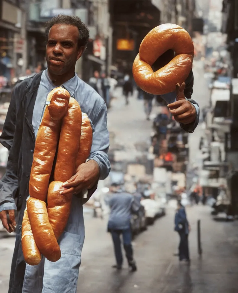 Image similar to closeup portrait of a man carrying a giant hotdog on his shoulder in a smoky new york back street, by Annie Leibovitz and Steve McCurry, natural light, detailed face, CANON Eos C300, ƒ1.8, 35mm, 8K, medium-format print