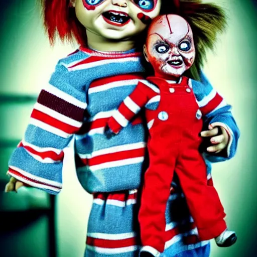 Prompt: chucky the killer doll holding chucky the killer doll