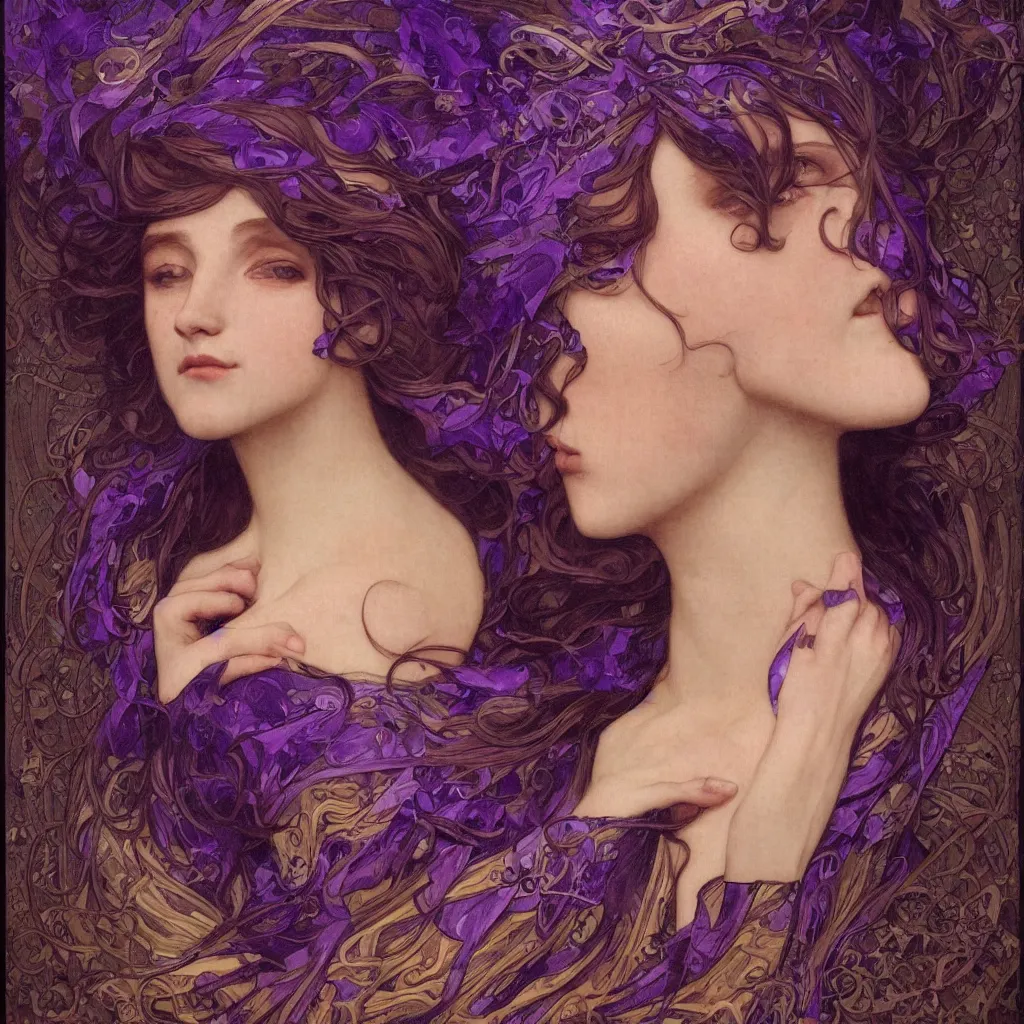 Image similar to purple, character portrait of purple energy, by waterhouse, by mucha, lean face, symmetrical face, face symmetry, cinematic lighting, beautiful, elegant, oil painting, cinematic, portrait, raphaelite, trending on artstation, intricate background, concept art