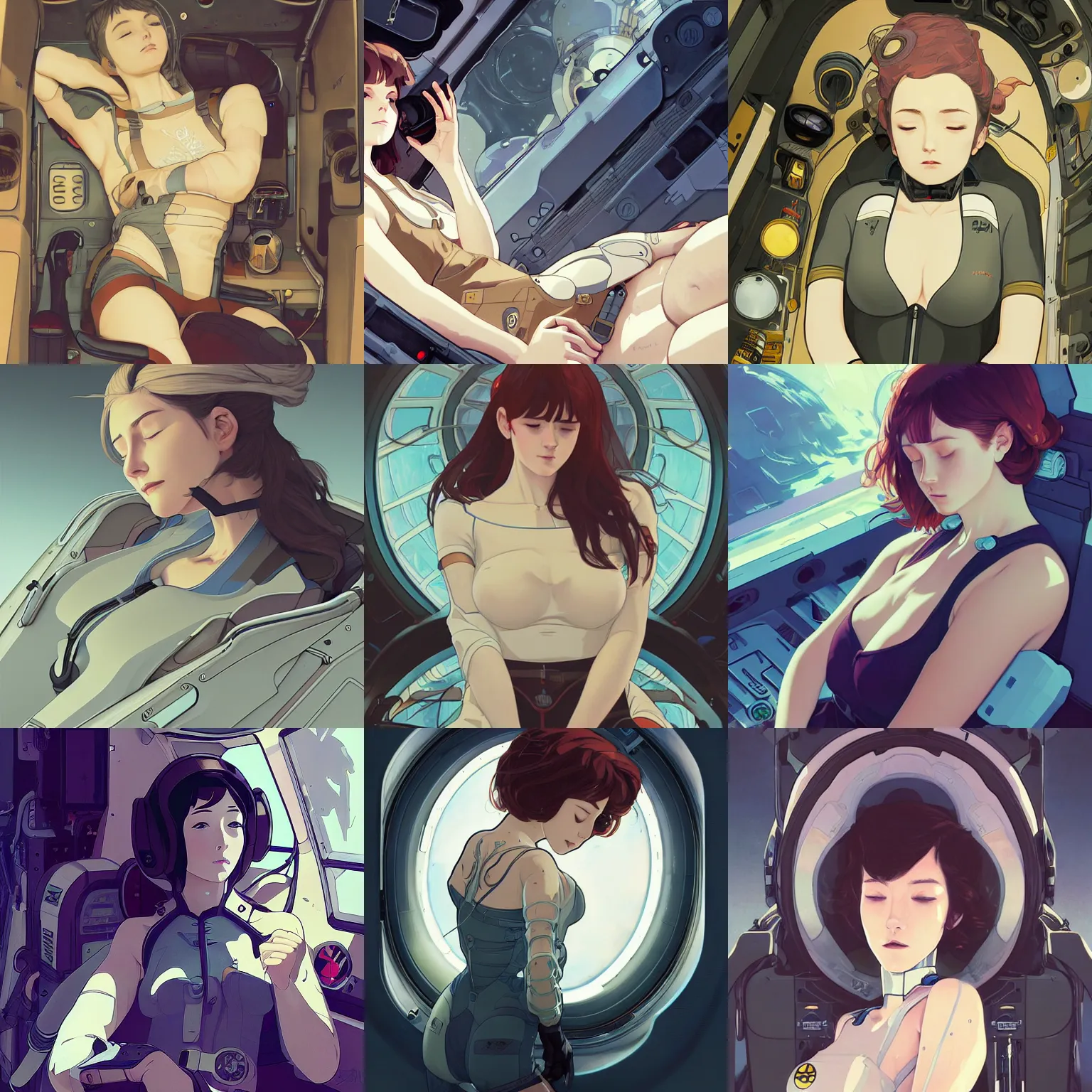 Prompt: woman wearing a bodysuit sleeping in a mech cockpit, finely illustrated face, highly detailed, digital painting, studio ghibli key visual, in the style of ilya kuvshinov and krenz cushart and alphonse mucha