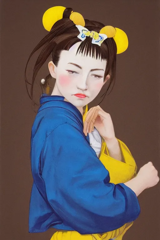Image similar to girl with brown hair, short horns, long animal ears, a yellow t - shirt and blue overalls, geisha portrait