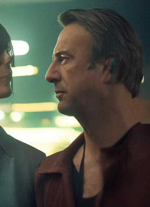 Image similar to a close - up, color cinema film still of saul goodman & katy perry in blade runner 2 0 4 9, cinematic lighting at night.