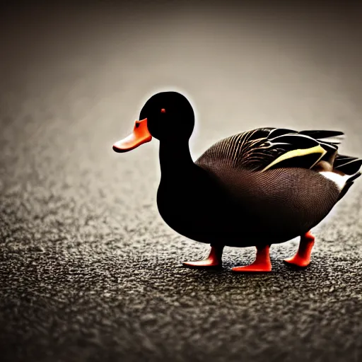 Image similar to Duck in black, film, cinematic, 4k, HD, ultrarealistic