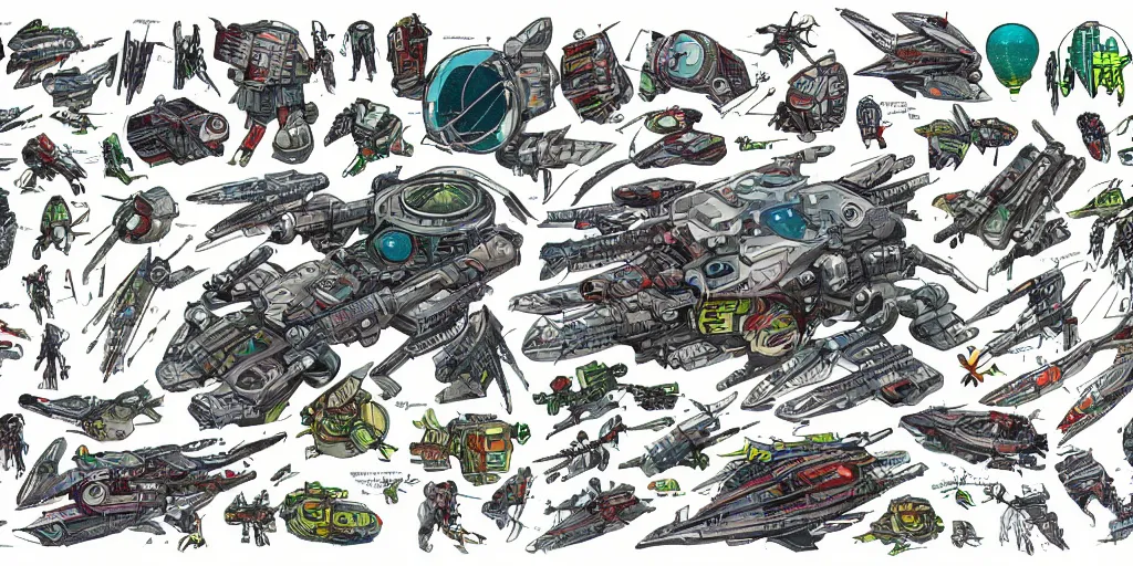 Prompt: beautiful schematic of an alien combat robot in space, mix of styles, schematic, solarpunk, illustration, intricate, highly detailed, sharp lines, studio ghibli color scheme