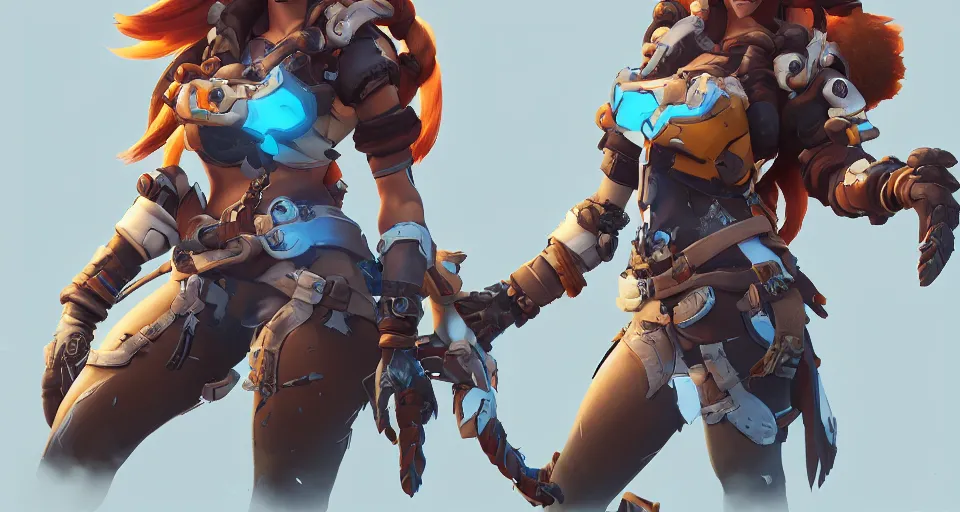 Image similar to one character, overwatch, brigitte, horizon zero dawn, aloy, digital art, high detailed, artstation, octane render