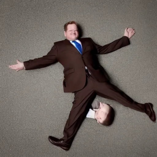 Image similar to Andy Richter is wearing a chocolate brown suit and necktie. Andy is lying flat on a concrete ground. Ariel view.