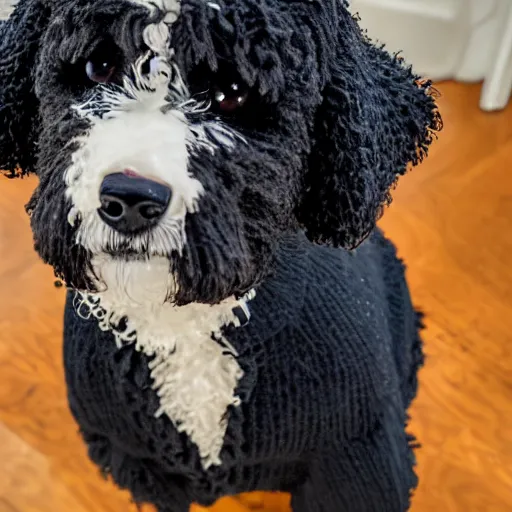 Image similar to a closeup photorealistic photograph of a cute smiling knitted bernedoodle judge dog dressed in a black gown, presiding over the courthouse. indoor image, professional capture, well lit shot. this 4 k hd image is trending on artstation, featured on behance, well - rendered, extra crisp, features intricate detail, epic composition and the style of unreal engine.