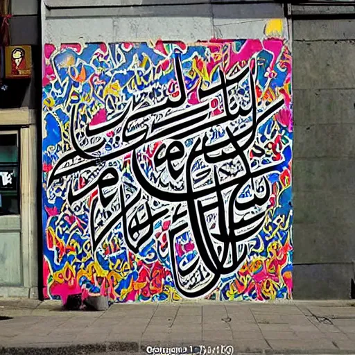 Image similar to arabic calligraphy, transylvanian folk art, in the style of graffiti, made by banksy