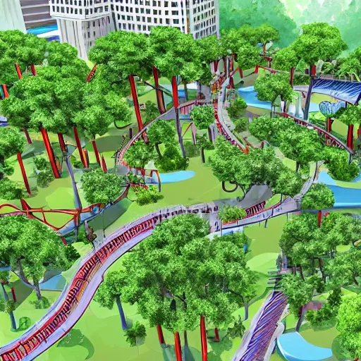 Image similar to a city made of trees, with walkways between the tree buildings, ziplines, lots of plants, realistuc