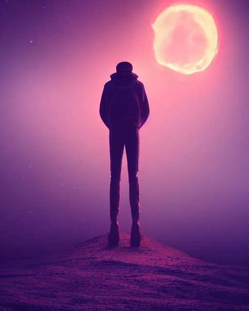 Image similar to a person standing in front of a glowy open door that's on a barren moon, poster art by mike winkelmann, trending on cg society, space art, sci - fi, ue 5, futuristic, volumetric lighting