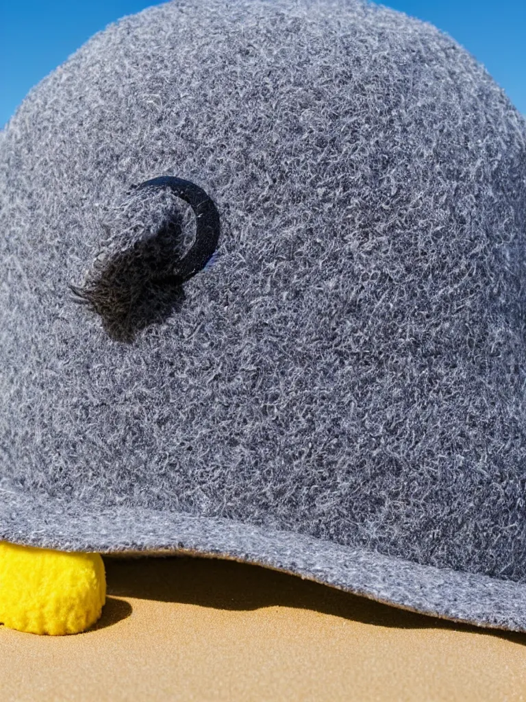 Image similar to an add campain for a yellow freezbee in the shape of a hat, taking place on the beach, closeup shot with depth of field, high quality promotional picture